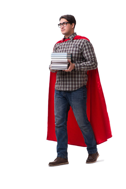 Super hero student with books isolated on white - Photo, Image