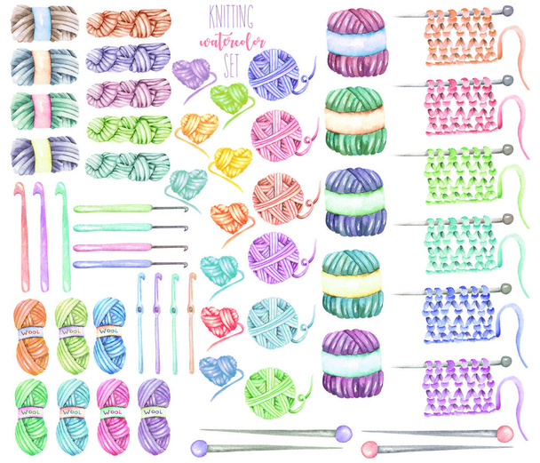 水彩の編み物の要素を持つコレクションを設定: 毛糸、編み物のかぎ針編みのフック - 写真・画像