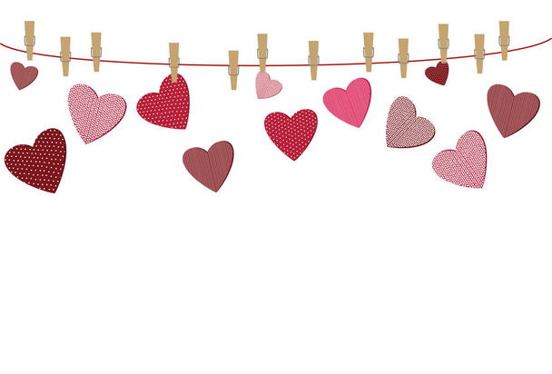 A red heart with a picture hanging on a rope with clothespins - Vector, afbeelding