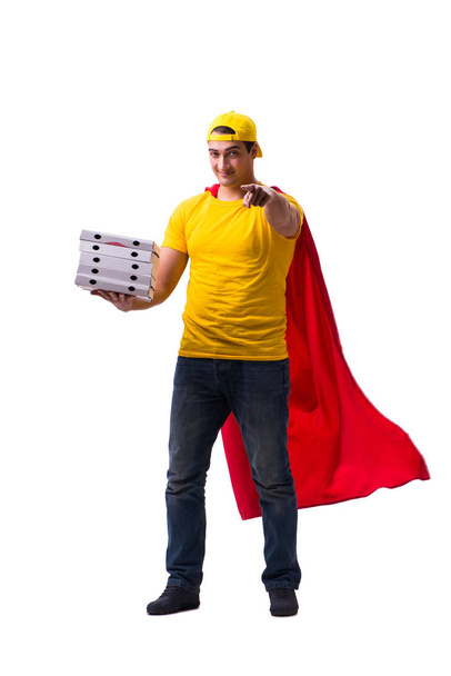 Super héroe pizza repartidor chico aislado en blanco - Foto, imagen