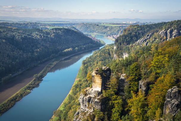 View from viewpoint of Bastei in Saxon Switzerland Germany to th - Zdjęcie, obraz