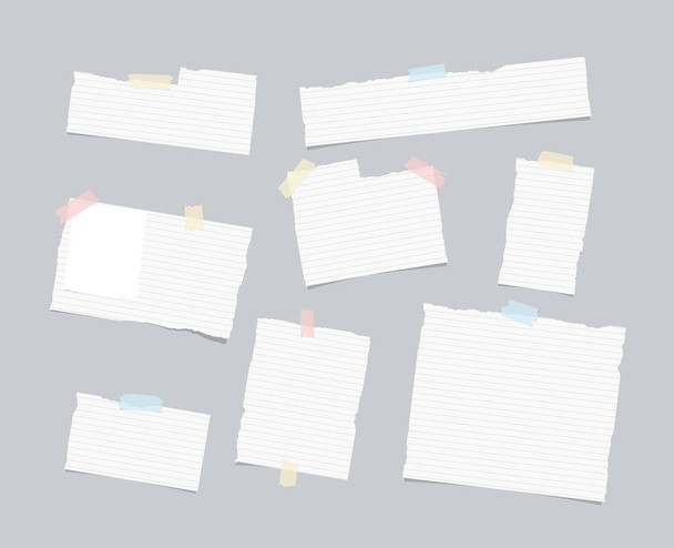 gerissene linierte Notiz, Notizbuch, Blatt Papier, Streifen mit buntem Klebeband auf hellgrauem Hintergrund geklebt - Vektor, Bild