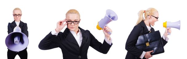 Жінка-бізнес-леді з гучномовцем на білому
 - Фото, зображення