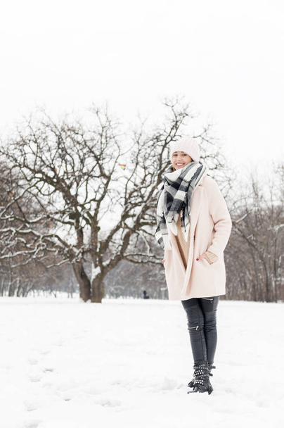 Young woman in a park full of snow - Photo, Image