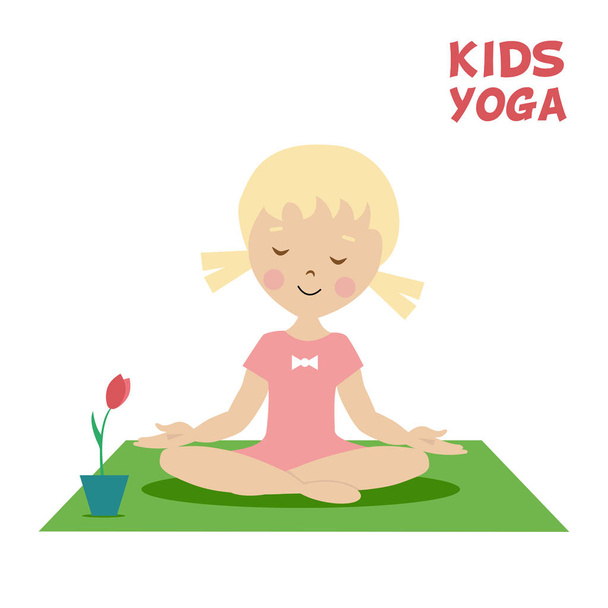 Het kind is betrokken bij kids yoga. De oefening van het meisje op het groene tapijt in de buurt van een bloem. Cartoon plat karakter geïsoleerd op een witte achtergrond. Vector, afbeelding Eps10. - Vector, afbeelding