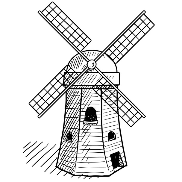 伝統的なオランダの風車のスケッチ - ベクター画像