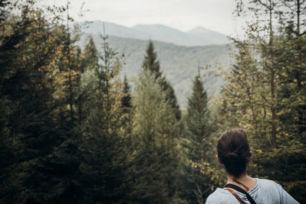 viajero hipster mirando bosques
  - Foto, imagen