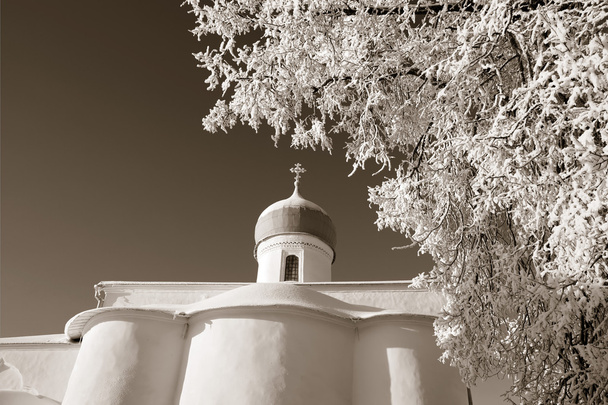 tree in snow against christian church, sepia - Foto, Imagen