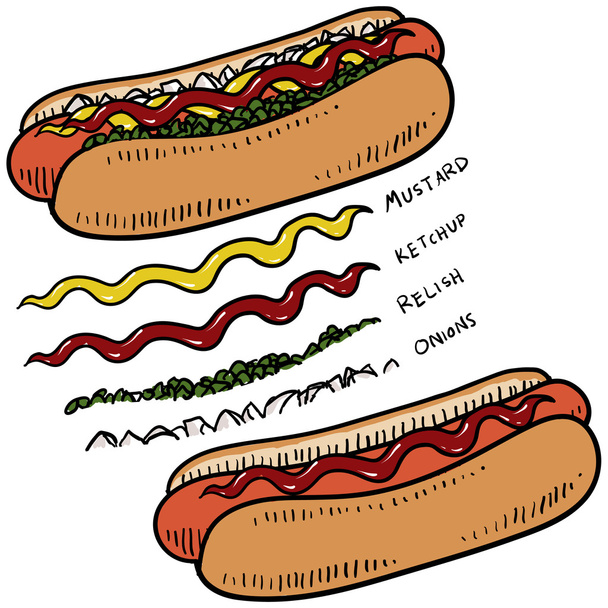 Hot Dog mit Gewürzen Skizze - Vektor, Bild