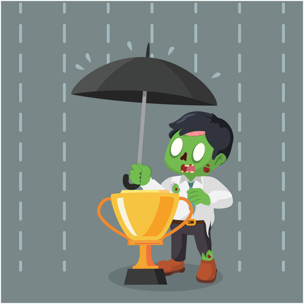 zombie businessman covering trophy with umbrella - Vector, imagen