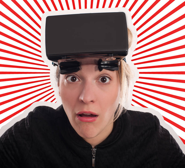Woman play game with virtual reality device mask - Φωτογραφία, εικόνα