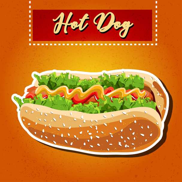 hot dog with green salad and sausage on background. vector. - Διάνυσμα, εικόνα