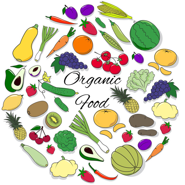 Hand getekend Set met fruit, groenten en bessen - Vector, afbeelding