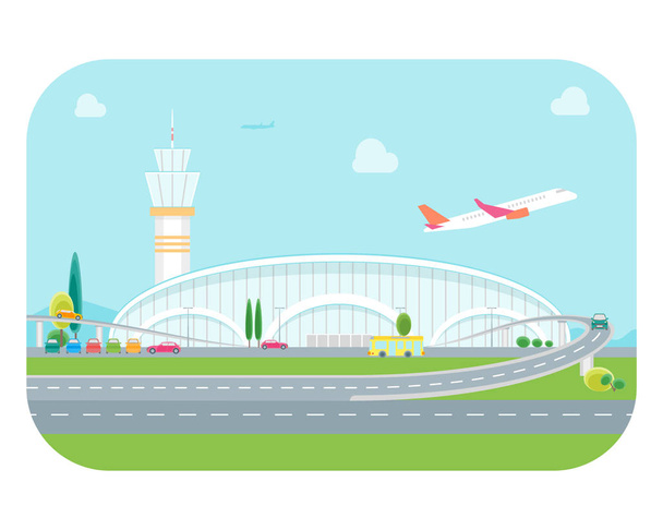 Cartoon Airport Building and Plane. Vector - Vector, Image