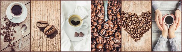 Collage mit vielen Bildern von Kaffee.  - Foto, Bild