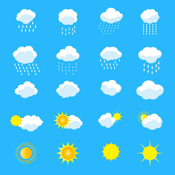 Clouds and sun set. Cloud, sun, cloud rain Icons Vector illustration. Collection of Cloud, rain, sun symbols template Art, Picture. For Weather forecast interface design. Season banners. - Vector, Image