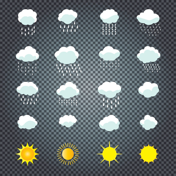 Облака и закат. Cloud, sun, cloud rain Icons Прозрачная векторная иллюстрация. Погода, дождь, солнечные лучи искушают искусство, живопись. Для проектирования интерфейса прогноза погоды. Сезонные плакаты
. - Вектор,изображение