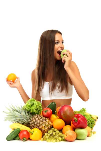 beautiful young woman with fruits and vegetables, isolated on white - Φωτογραφία, εικόνα
