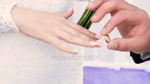 handen met ringen bruidegom zetten gouden ring om bruiden vinger tijdens huwelijksceremonie - Video