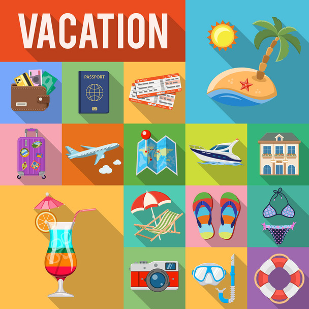 Urlaub und Tourismus flache Symbole gesetzt - Vektor, Bild