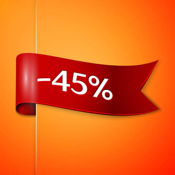 Rotes Band mit Aufschrift 45 Prozent Rabatt auf orangefarbenem Hintergrund. Vektorillustration. - Vektor, Bild