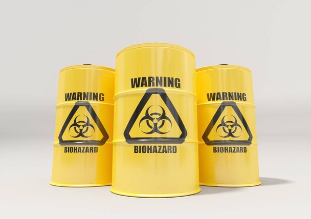 Barils métalliques jaunes avec panneau d'avertissement de danger biologique noir
 - Photo, image