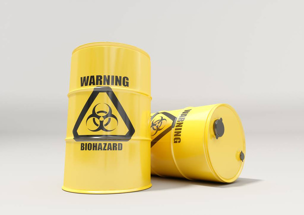 Gele metalen vaten met zwarte waarschuwing biorisicoteken - Foto, afbeelding
