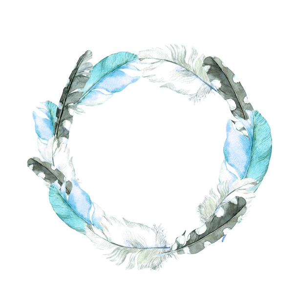 Feathers of blue bird. Wreath border. Watercolor - Photo, image