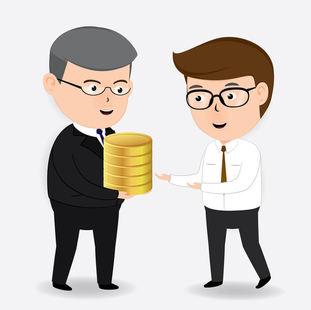Young businessman and Senior businessman with gold coins on white background. business concept vector - Vector, Image