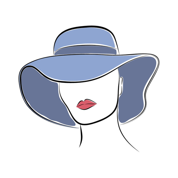 Beautiful elegant lady in the blue wide-brimmed hat. Vector fashion sketch in hand drawing style for your design. - Vetor, Imagem