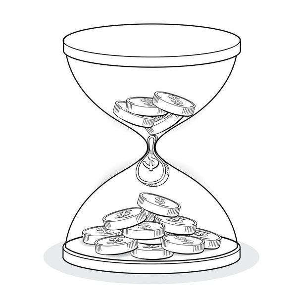 hourglass with gold coins line drawing, business concept vector - Vector, Image