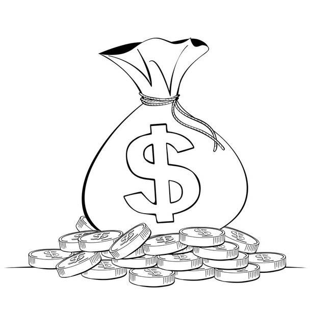 Geld tas op munt stapel lijntekening, businessconcept, illustratie Vector eps10 - Vector, afbeelding