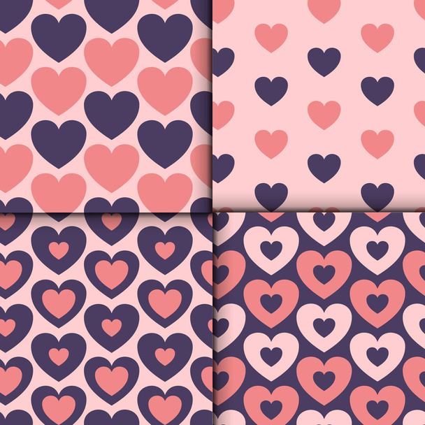 Set of 4 colorful seamless patterns with hearts. Romantic patterns for wedding invitations, greeting cards, print, gift wrap. Collection of surface pattern with colored hearts. - Vector, imagen