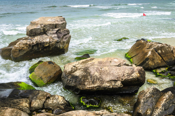 Mooie scène met stenen met groene mos op de kust - Foto, afbeelding