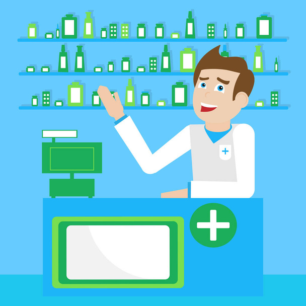 Male pharmacist behind the counter pharmacy indicates the counter - Vector, Image