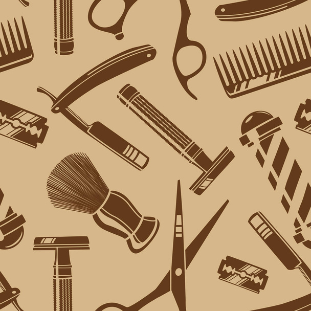 Seamless pattern background with vintage barber shop tools on be - Вектор,изображение