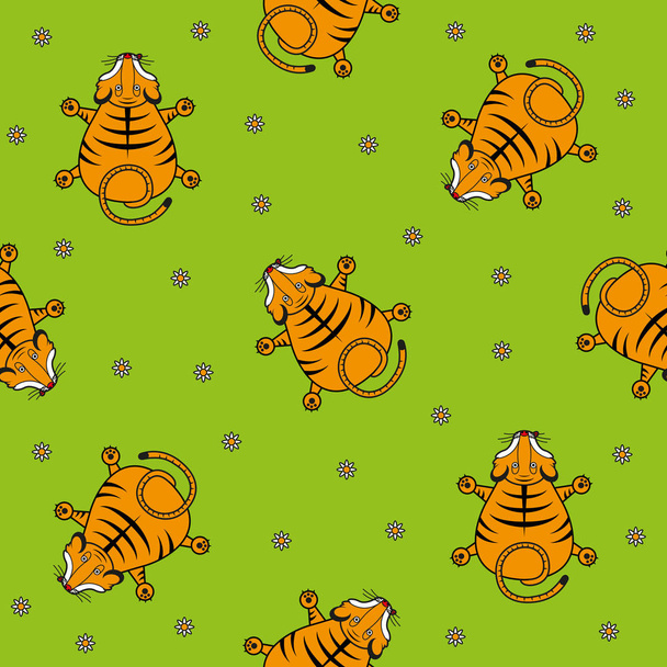 Seamless vector pattern for children. Tiger cub top view and chamomile on a green background. - Vektori, kuva