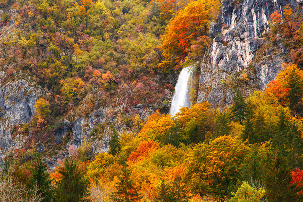 Cascada increíble periódica en las montañas de otoño
 - Foto, imagen