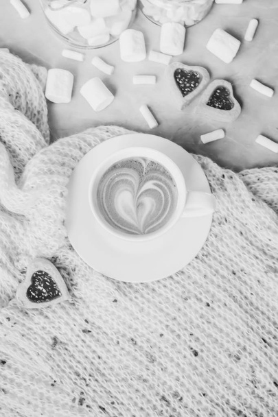 cocoa with marshmallows and a cookie heart. Selective focus.  - Photo, Image