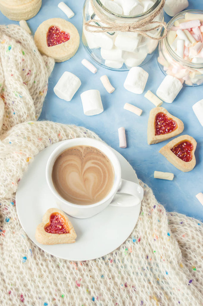 cocoa with marshmallows and a cookie heart. Selective focus.  - Photo, Image