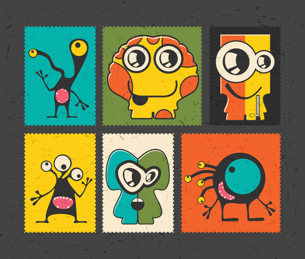 Set of six retro postage`s stamp with funny monsters on different color background.  - Wektor, obraz