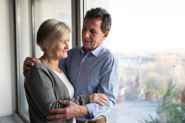 Senior couple in living room standing at the window, hugging - Photo, image