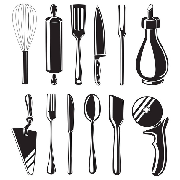Conjunto de ferramentas de cozinha desenhadas à mão branca no fundo preto
 - Vetor, Imagem
