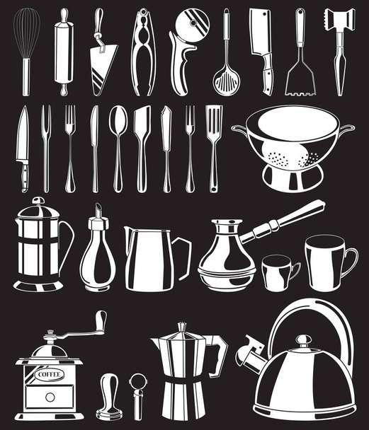 Set of white hand drawn kitchen tools on black background - Vektor, Bild