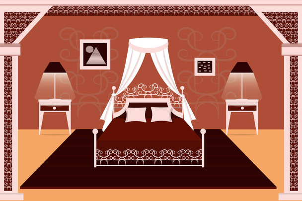 The interior of the bedroom. Bed, carpet, lamp, bedside table . Flat design. Vector illustration. - Vektör, Görsel