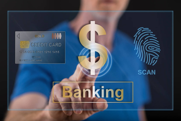 Чоловік торкається концепції банківської безпеки на сенсорному екрані
 - Фото, зображення