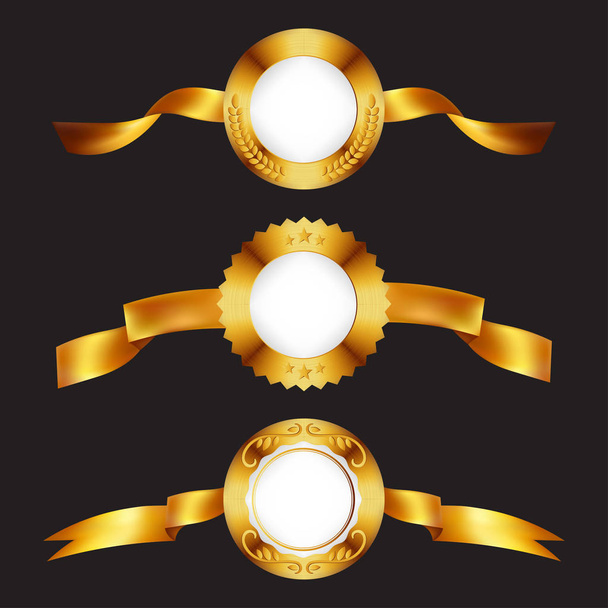 Gold medals. Golden metal badges with ribbons. - Vector, Imagen