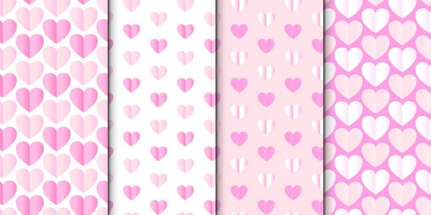 Set of 4 colorful seamless patterns with hearts. Romantic patterns for wedding invitations, greeting cards, print, gift wrap. Collection of surface pattern with colored hearts. - Vetor, Imagem