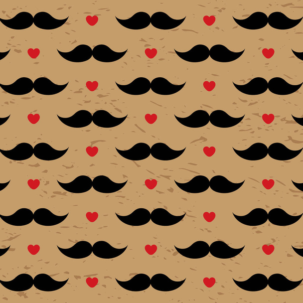 Valentine's Day pattern with red hearts and black mustache  on kraft paper background in hipster style. Gift wrapping paper, card, background design. - Vector, Image