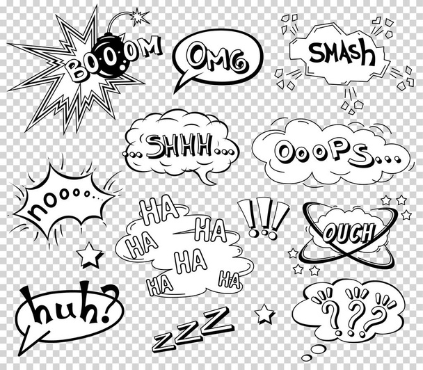 Komische toespraak bubbels set, formulering geluidseffect ontwerp voor achtergrond, strip. Boek Bang wolk, pow en cool uitroepteken, bom - Vector, afbeelding